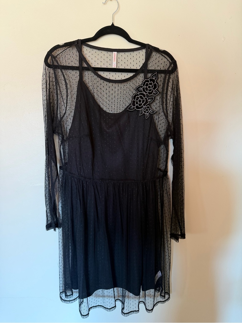 Xhilaration Black Sheer Polka Dot Dress with Floral Appliqué